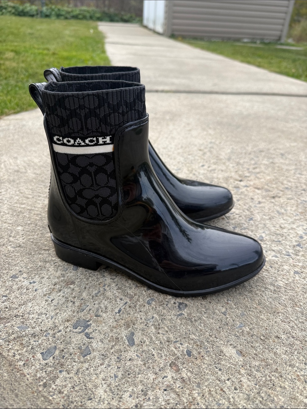 Coach Black Glossy Rain Ankle Boots with Logo Knit Cuff